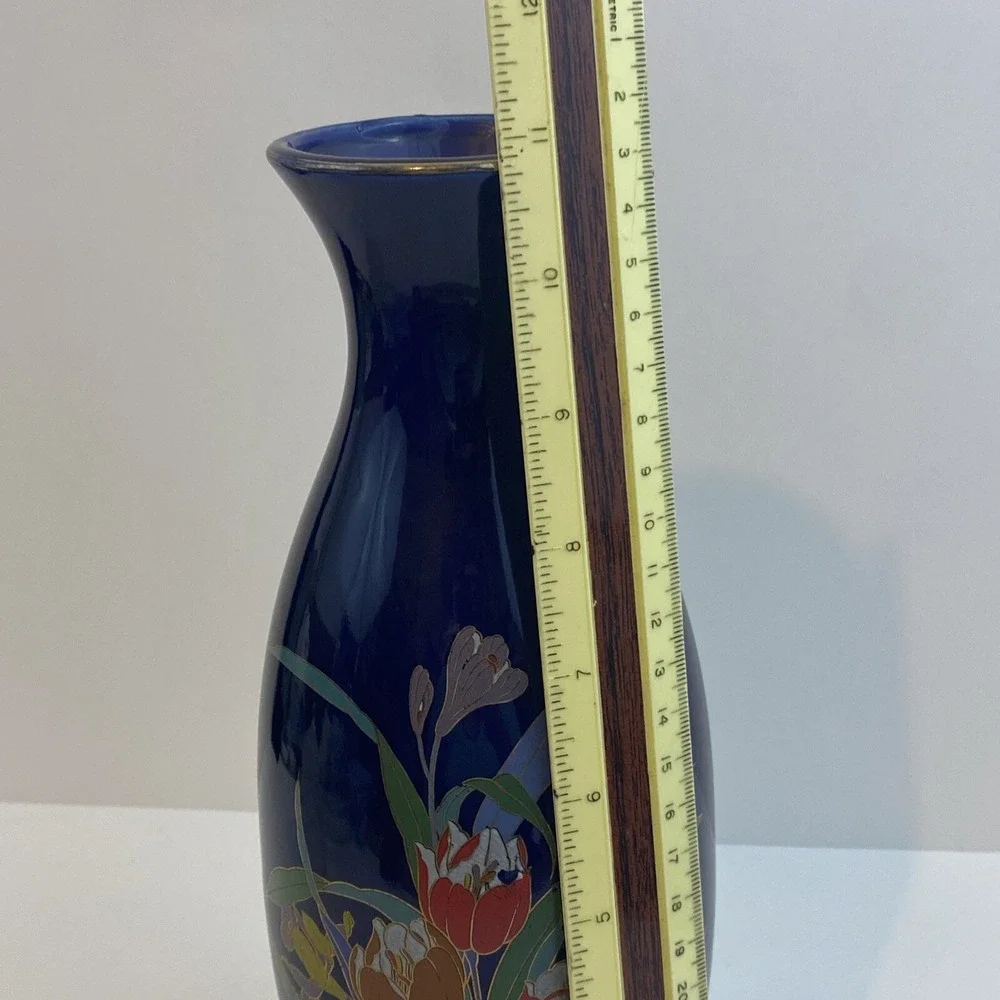 Vintage Japanese Porcelain Cobalt Blue Gold tone Flowers 10-3/4